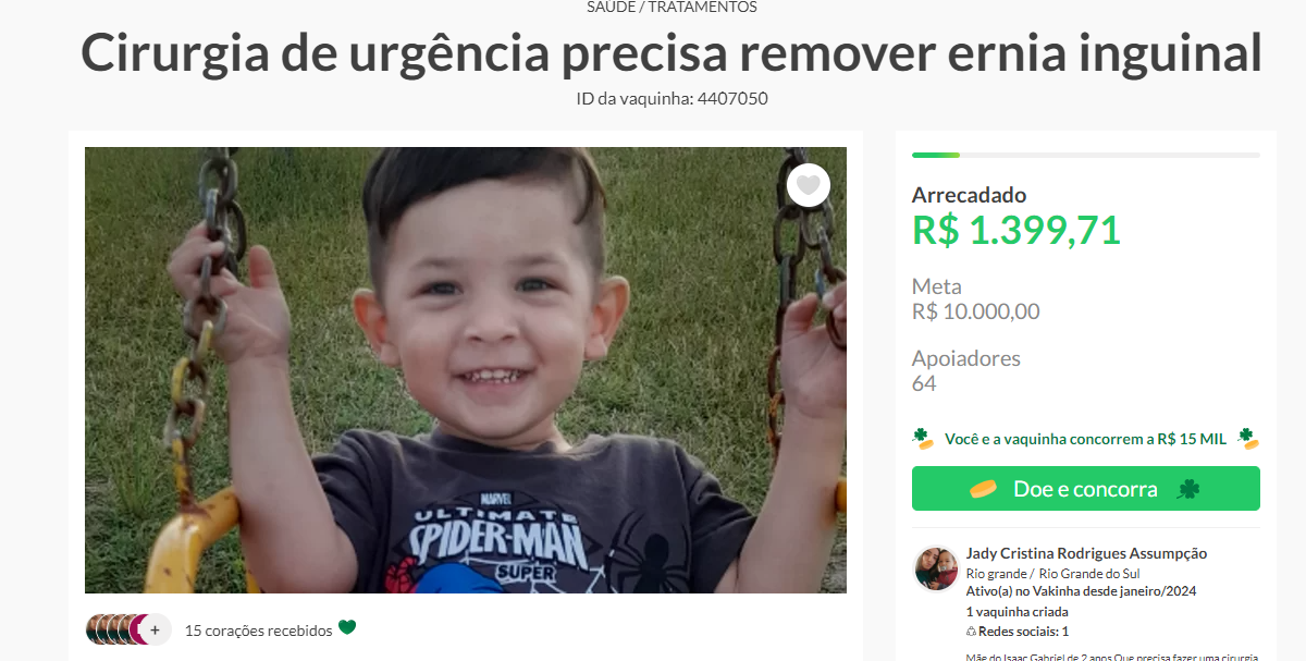 Família de Rio Grande faz vakinha para realizar cirurgia de criança de dois anos