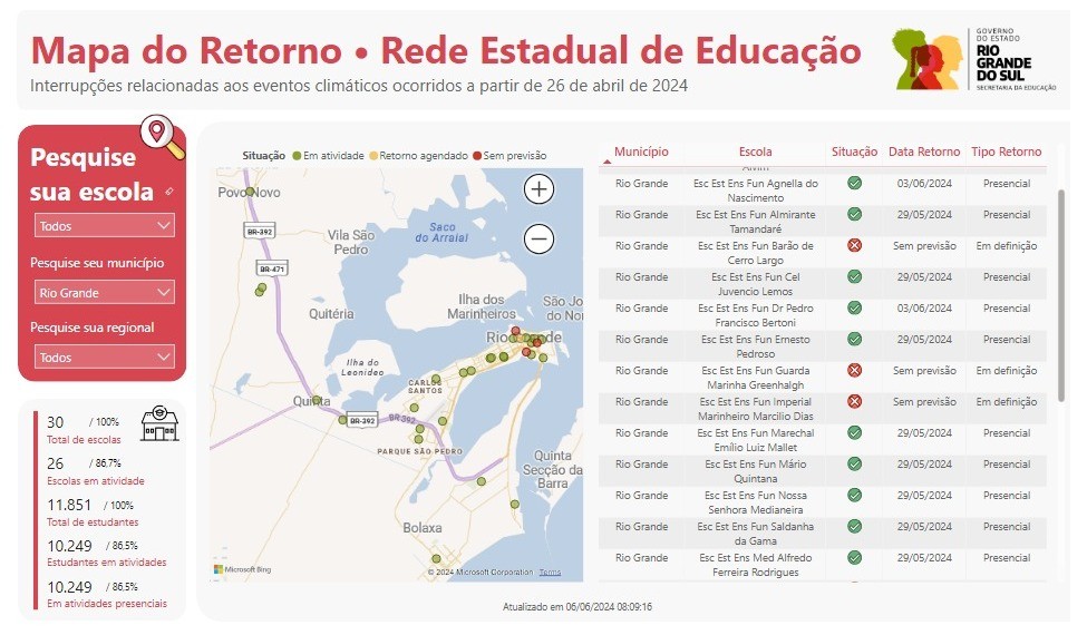 Mapa permite consultar informações de escolas estaduais do RS