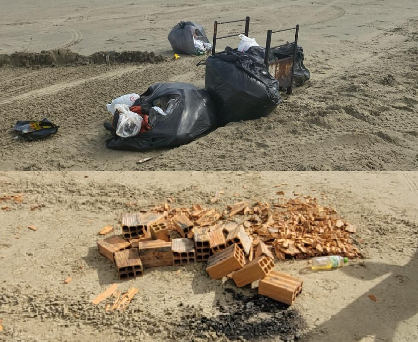 Tijolos, churrasqueira velha e lixo são descartados na orla da Praia do Cassino