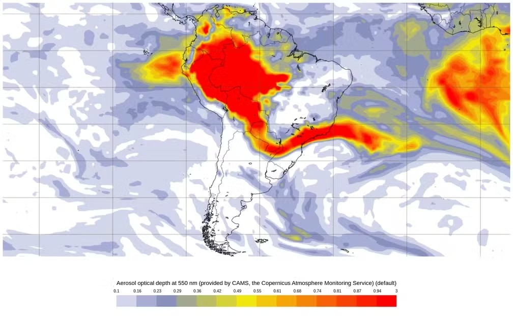 Fumaça de queimadas da Amazônia está próxima de chegar ao Rio Grande do Sul