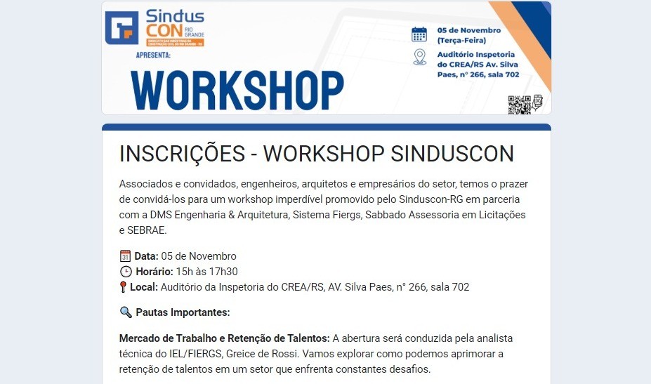 Sinduscon promove workshop sobre retenção de talentos e lei de licitações