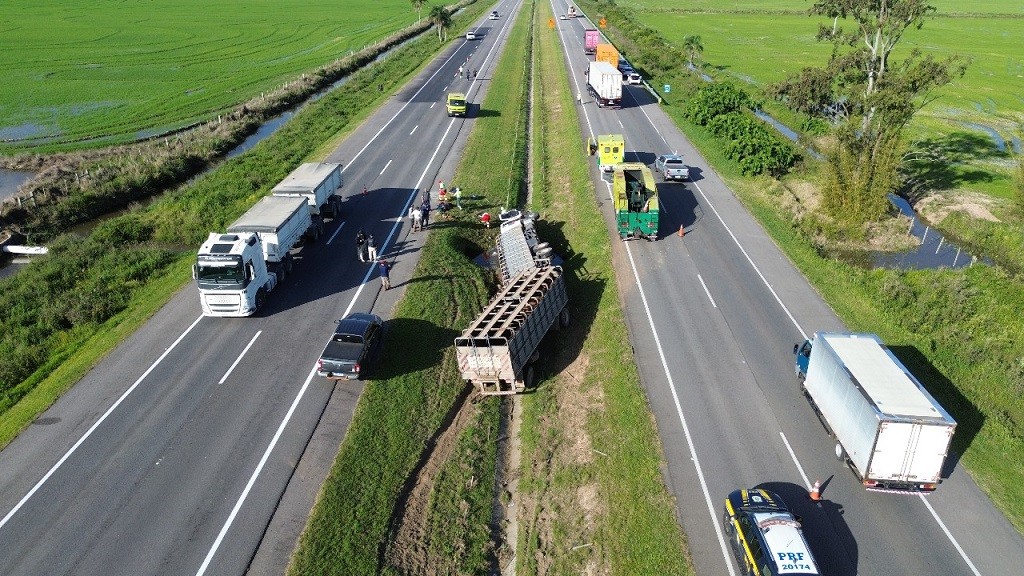 Caminhão com carga viva tomba na BR 116, em Pelotas