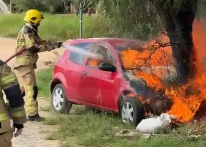 Carro pega fogo após colisão com árvore em São Lourenço do Sul