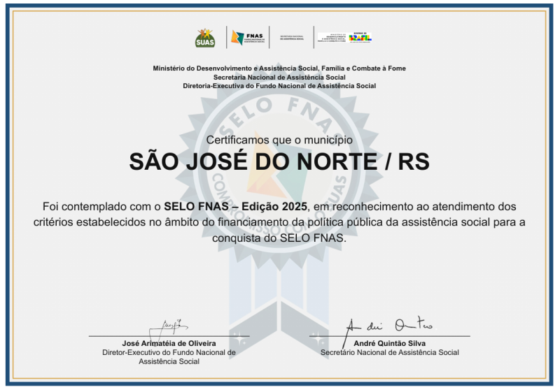 São José do Norte conquista Selo FNAS 2025 por excelência na gestão da assistência social
