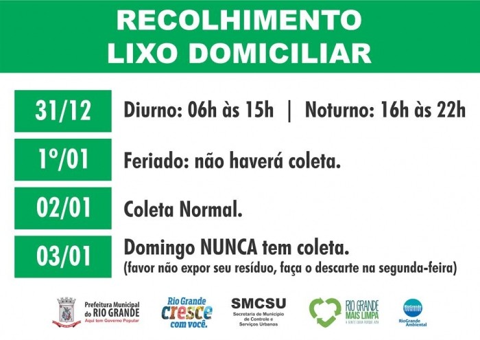 Confira os horários da Coleta Regular de Lixo em Rio Grande