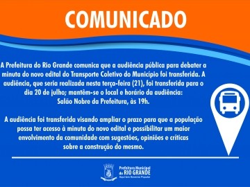 Transferida data da audiência pública para debater minuta do edital do Transporte Coletivo