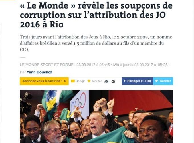 Jornal francês denuncia possível compra de votos para Rio sediar Olimpíada