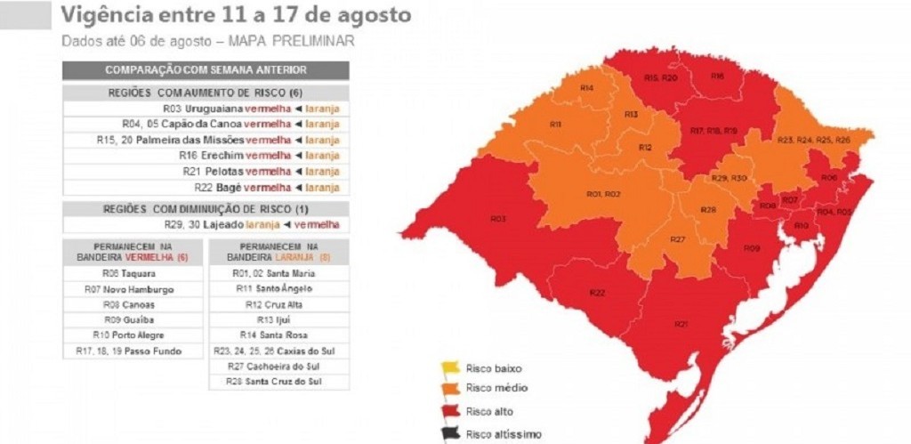 Mapa preliminar da 14ª rodada do Distanciamento Controlado tem 12 regiões em vermelho