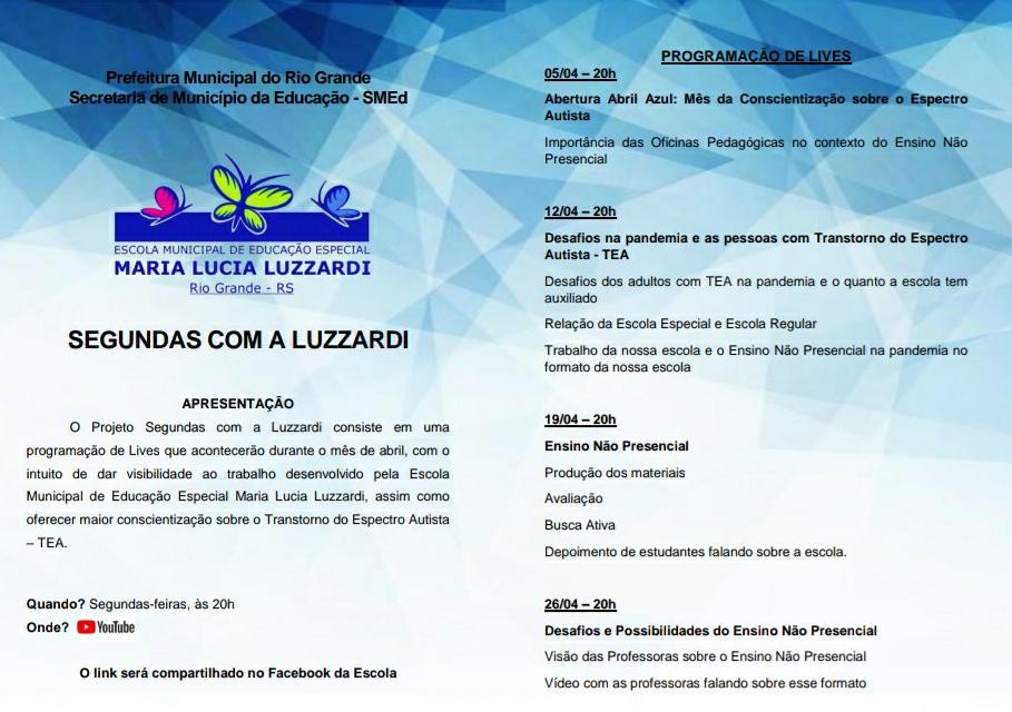 Escola Maria Lucia Luzzardi promove série de lives sobre conscientização ao Autismo 