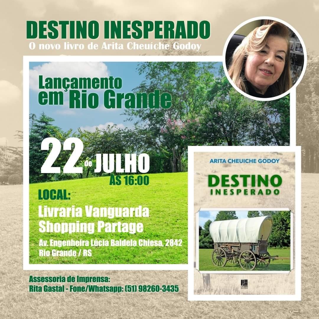 Livro Destino Inesperado da pelotense Arita Cheuíche Godoy será lançado em RG nesta sexta-feira (22)
