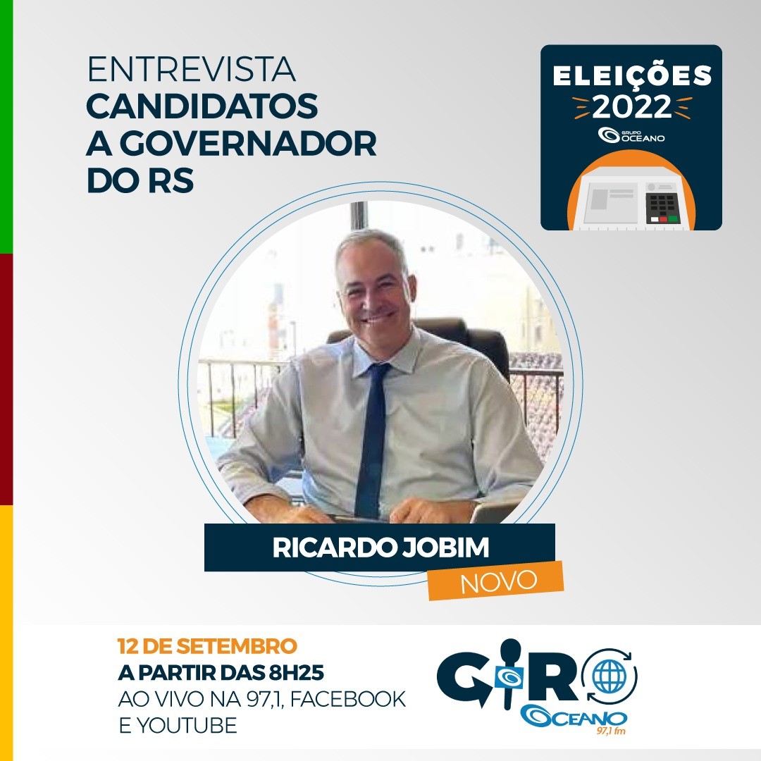 Grupo Oceano dá continuidade à entrevistas de candidatos a governador do RS nesta segunda (12), com Ricardo Jobim (Novo) 